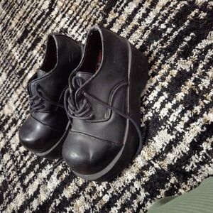 Demonia Black Platform Lace-Up Oxfords with Red Plaid Insole